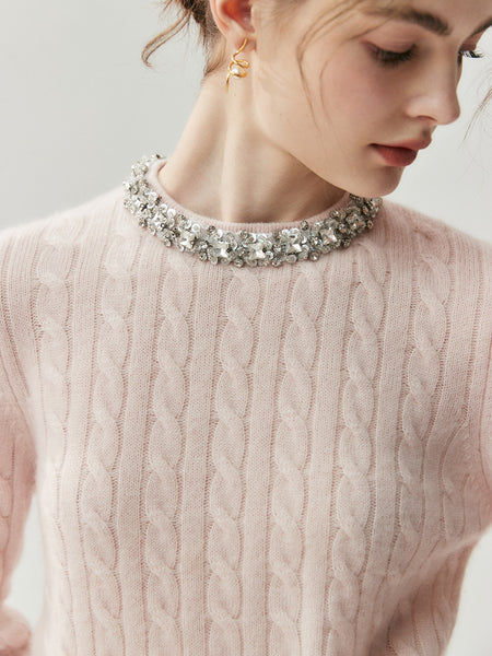 Bejeweled 100% Cashmere Cable Knit Grace Kelly Style Pullover Sweater