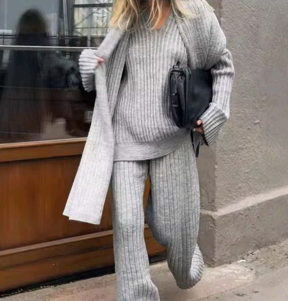 Chic Cotton Blend 3 Piece Sweater+Shawl+Palazzo Pants Set