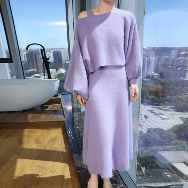 Vintage Plush 100% Mink Cashmere A-Line Dress+Cropped Sweater Set