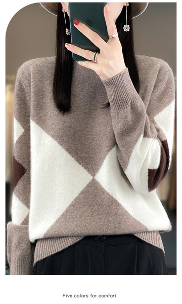 Elegant Super Warm 100% Pure Wool  Patchwork Pullover Sweater