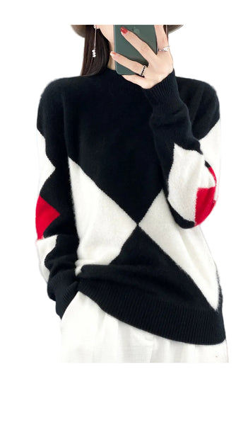 Elegant Super Warm 100% Pure Wool  Patchwork Pullover Sweater