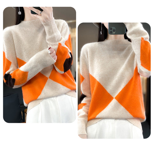 Elegant Super Warm 100% Pure Wool  Patchwork Pullover Sweater