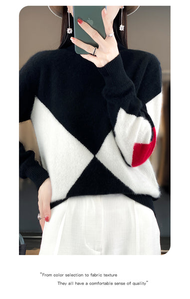 Elegant Super Warm 100% Pure Wool  Patchwork Pullover Sweater