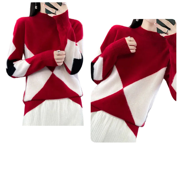 Elegant Super Warm 100% Pure Wool  Patchwork Pullover Sweater