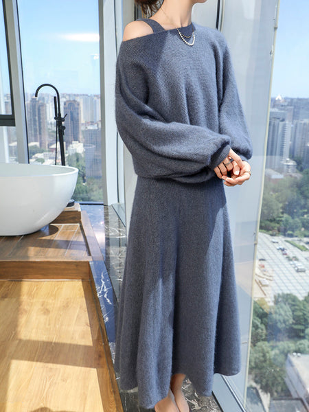 Vintage Plush 100% Mink Cashmere A-Line Dress+Cropped Sweater Set