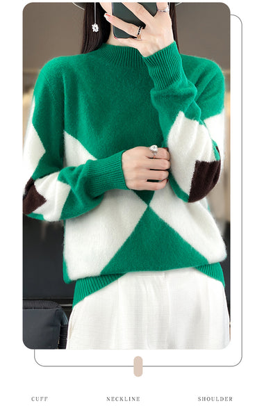 Elegant Super Warm 100% Pure Wool  Patchwork Pullover Sweater