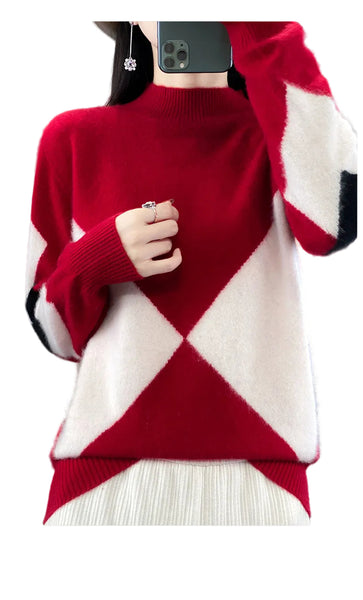 Elegant Super Warm 100% Pure Wool  Patchwork Pullover Sweater