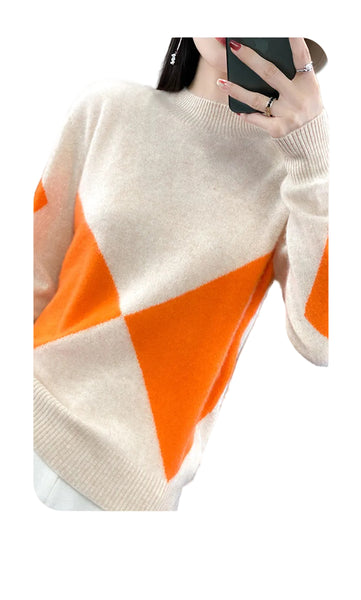 Elegant Super Warm 100% Pure Wool  Patchwork Pullover Sweater