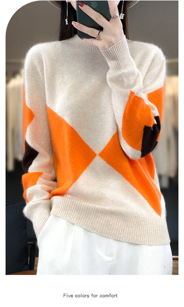 Elegant Super Warm 100% Pure Wool  Patchwork Pullover Sweater