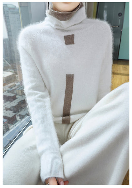 Dainty Ultra Soft 100% Mink Cashmere Color Block Pullover Sweater