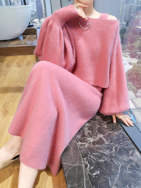 Vintage Plush 100% Mink Cashmere A-Line Dress+Cropped Sweater Set