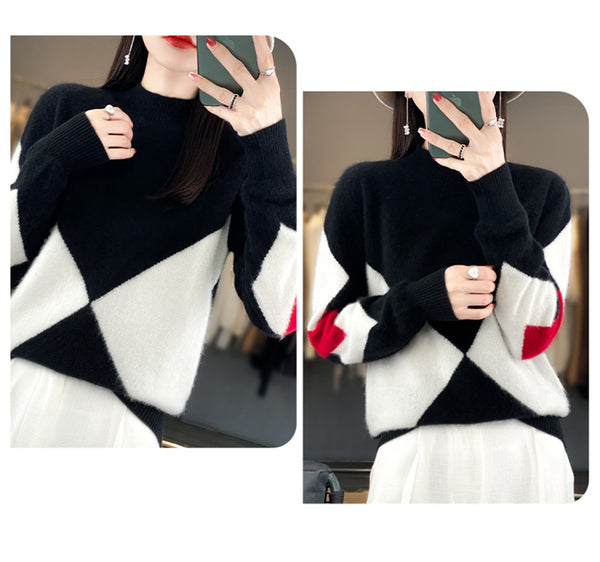 Elegant Super Warm 100% Pure Wool  Patchwork Pullover Sweater