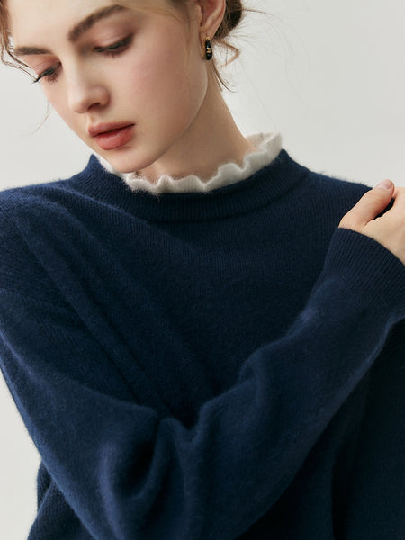 100% Cashmere Vintage Ruched Collar Thick Pullover Sweater