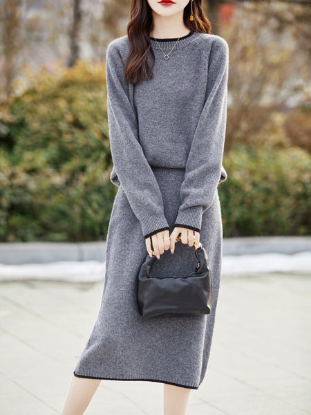 100% Extra Fine 2 Piece Merino Wool Pullover Sweater + MIDI Skirt Set