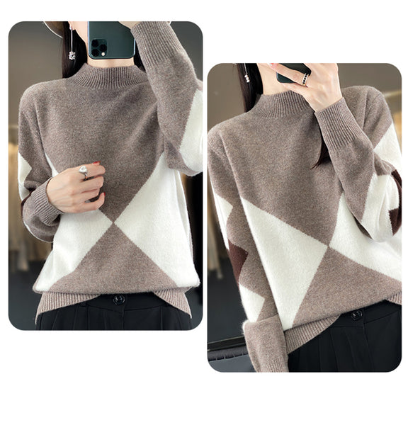 Elegant Super Warm 100% Pure Wool  Patchwork Pullover Sweater