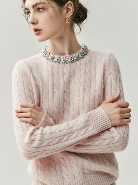 Bejeweled 100% Cashmere Cable Knit Grace Kelly Style Pullover Sweater