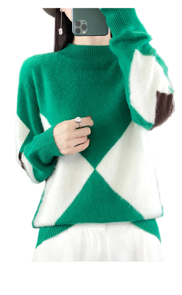 Elegant Super Warm 100% Pure Wool  Patchwork Pullover Sweater