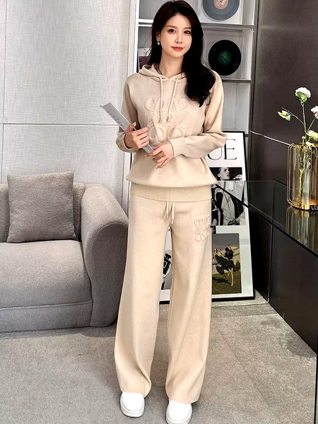 2-Piece Cotton-Blend Casual-Chic Hooded Knit Top + Palazzo Pants Set