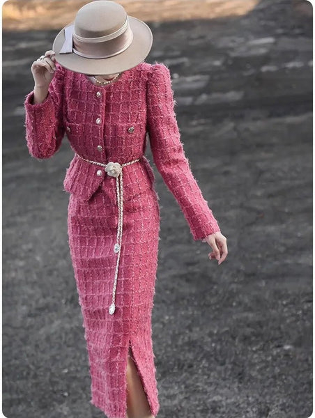 2 Piece Cotton+Wool Blend Autumn Winter English Tweed MIDI Skirt Set - Wigging It Etc