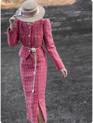 2 Piece Cotton+Wool Blend Autumn Winter English Tweed MIDI Skirt Set - Wigging It Etc