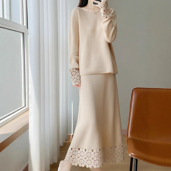 2 Piece Vintage Elegant 100% Wool Sweater+MAXI Skirt Set - Wigging It Etc