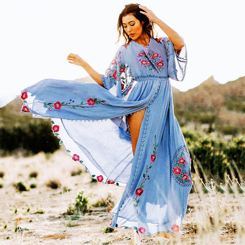 100% Cotton Retro Batwing-Sleeved Embroidered Bohemian MAXI Dress