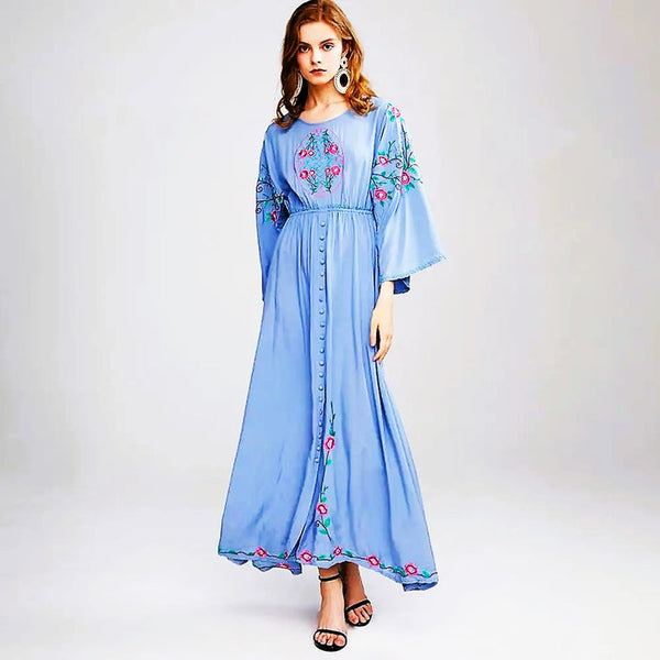100% Cotton Retro Batwing-Sleeved Embroidered Bohemian MAXI Dress