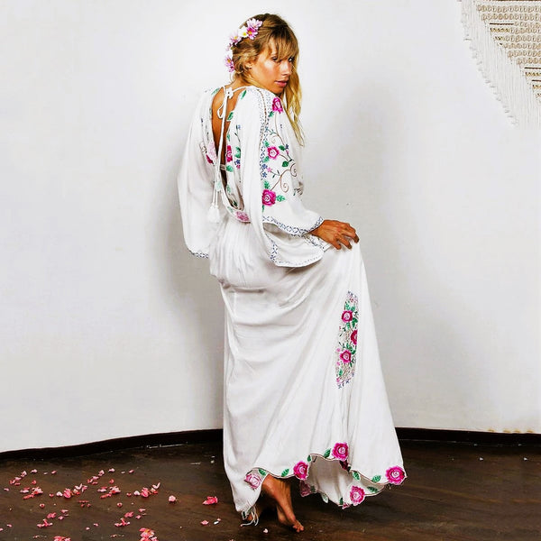 100% Cotton Retro Batwing-Sleeved Embroidered Bohemian MAXI Dress