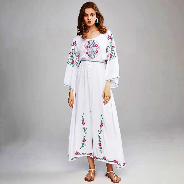 100% Cotton Retro Batwing-Sleeved Embroidered Bohemian MAXI Dress