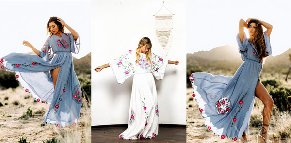 100% Cotton Retro Batwing-Sleeved Embroidered Bohemian MAXI Dress