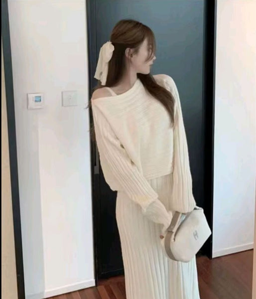 2 Piece Cotton Blend Pullover MIDI Sweater Dress+Sweater Set