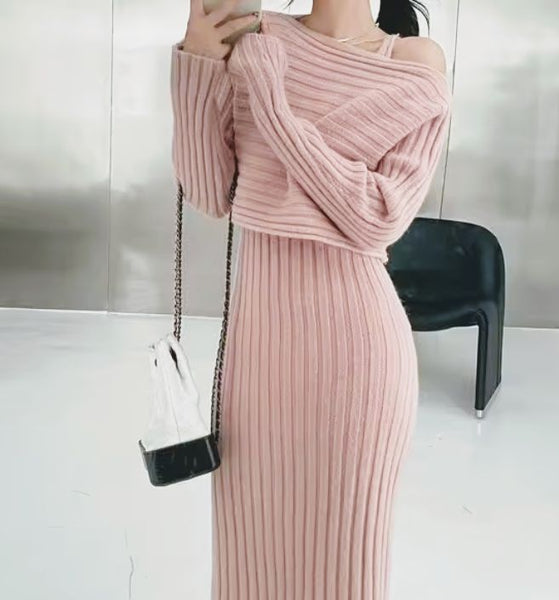 2 Piece Cotton Blend Pullover MIDI Sweater Dress+Sweater Set