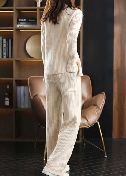 100% Wool Wide-Ribbed Sweater + Palazzo Pants Set
