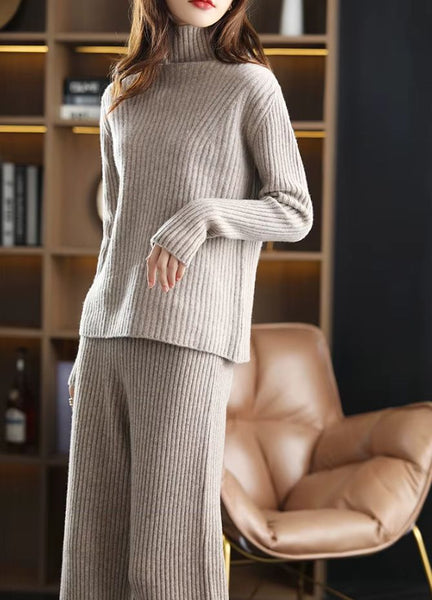 100% Wool Wide-Ribbed Sweater + Palazzo Pants Set