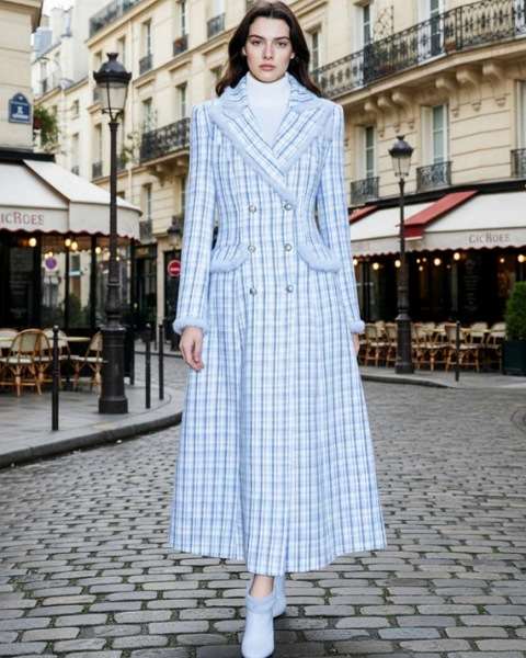 Chic Double Breasted Cotton Blend A-Line MAXI Tweed Coat