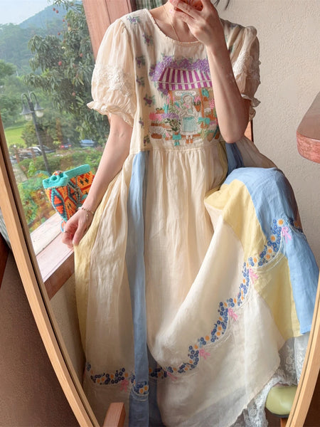 Person wearing a pastel-colored dress with floral patterns in a room with a window view.