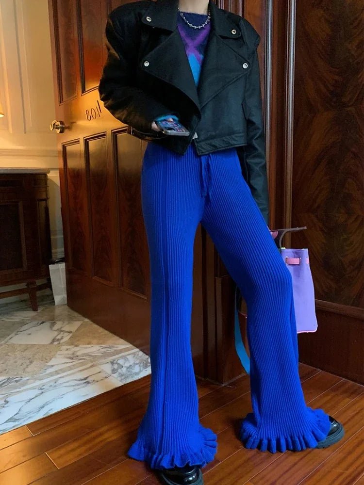 Funky Ribbed Knit Cotton Blend Flared Palazzo Winter Pants - Wigging It Etc