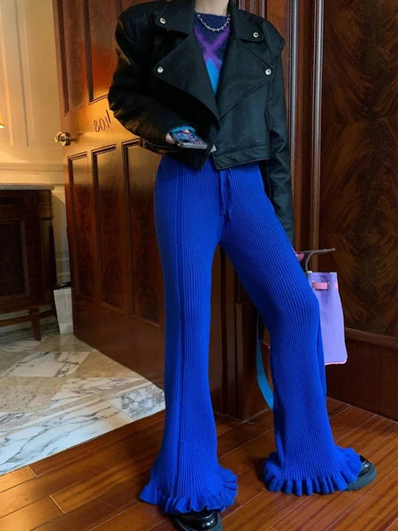 Funky Ribbed Knit Cotton Blend Flared Palazzo Winter Pants - Wigging It Etc