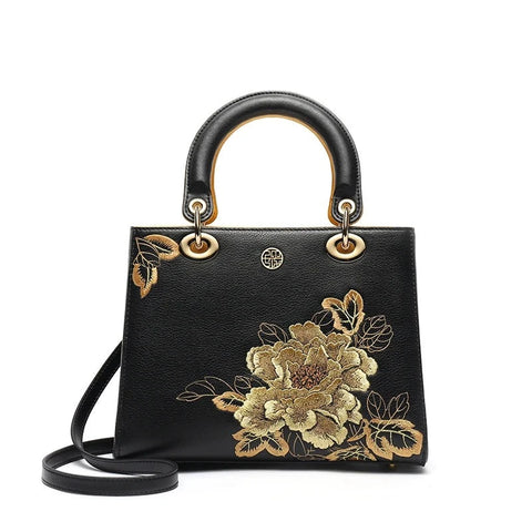 Posh 100% Genuine Cowhide Leather Embroidered Floral Patterned Handbag