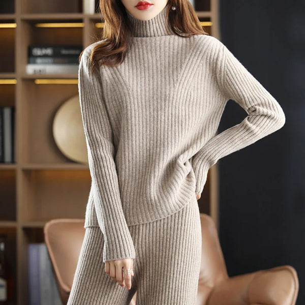 100% Wool Wide-Ribbed Sweater + Palazzo Pants Set