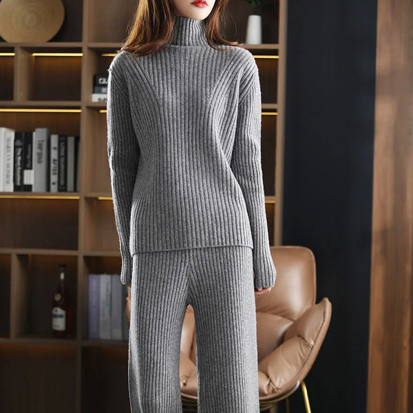 100% Wool Wide-Ribbed Sweater + Palazzo Pants Set