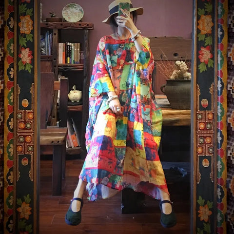 Bohemian Kaleidoscope Print Oversized Ramie Kaftan Dress