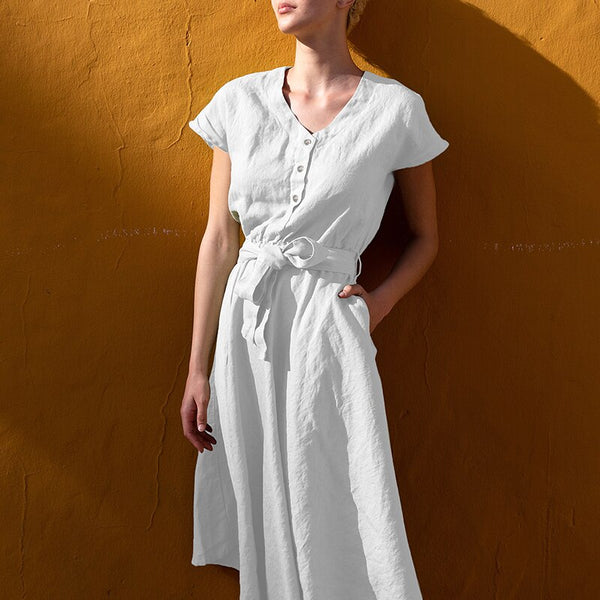 100% Linen Short Sleeved V-Neck Summer Dress