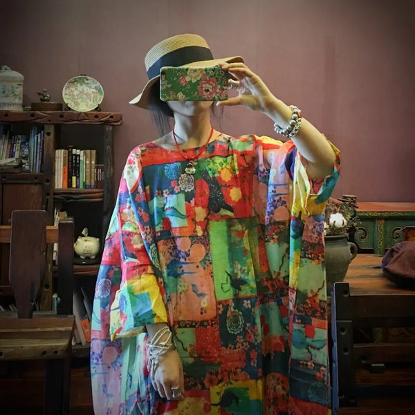 Bohemian Kaleidoscope Print Oversized Ramie Kaftan Dress