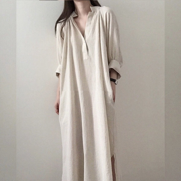 Casual Vintage  Cotton Linen V-Neck MAXI Dress