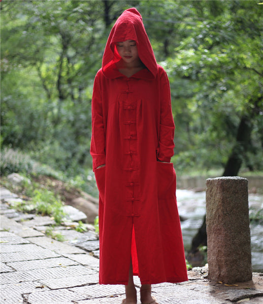 Mysterious Cotton Linen Hooded Full Length Trenchcoat