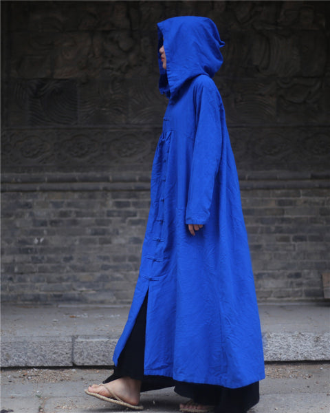 Mysterious Cotton Linen Hooded Full Length Trenchcoat