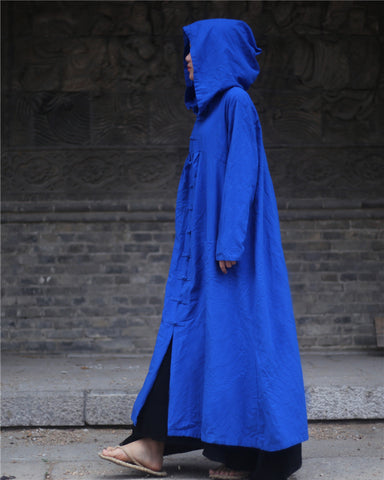 Mysterious Cotton Linen Hooded Full Length Trenchcoat