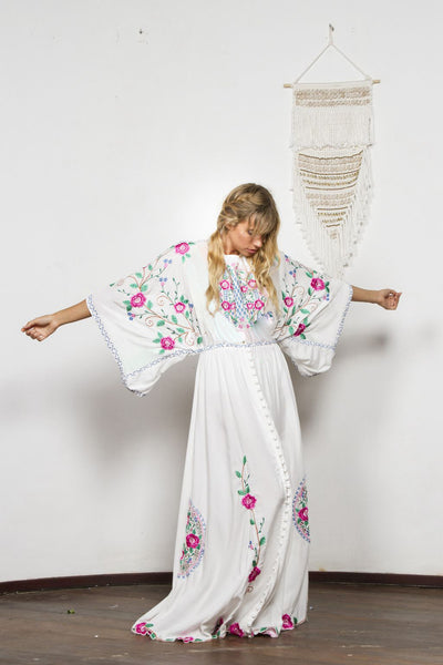 100% Cotton Retro Batwing-Sleeved Embroidered Bohemian MAXI Dress