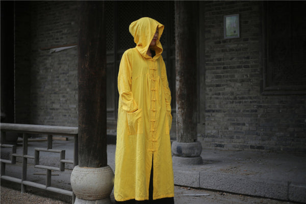 Mysterious Cotton Linen Hooded Full Length Trenchcoat